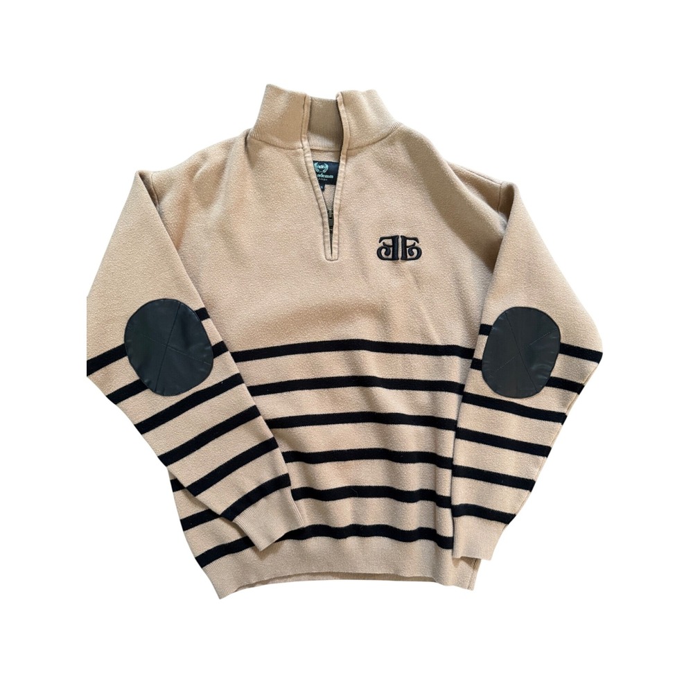 Ellandemm Womens XS Quarter Zip Sweater Tan Black Striped Elbow Patch Old Money